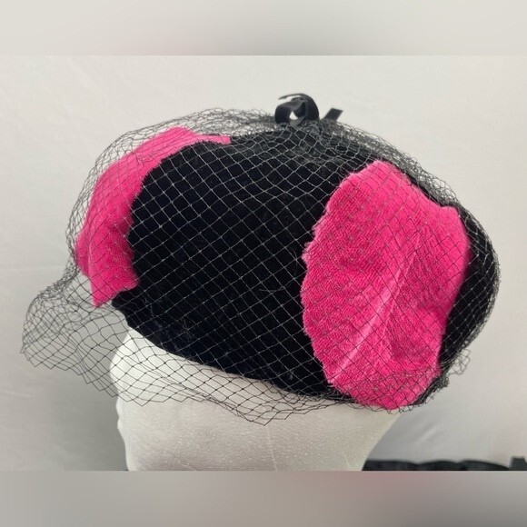 Ladies Fuchsia / Hot Pink Black Hat with Netting Made in USA Vintage Glam Rare main image 5